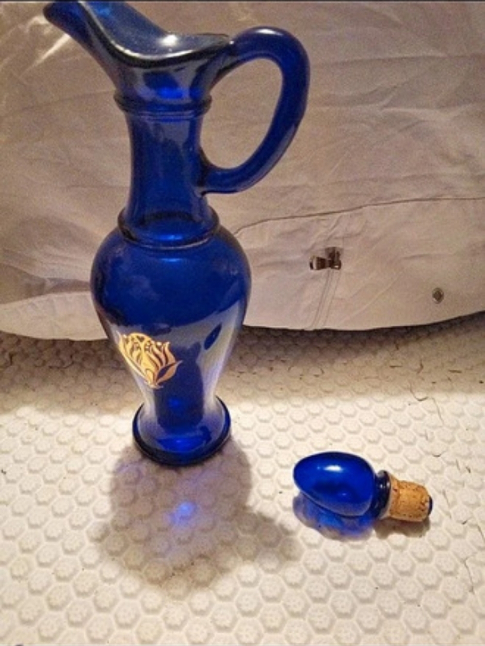Avon Vintage Cobalt Blue Pitcher Decanter with Gold Floral Design
